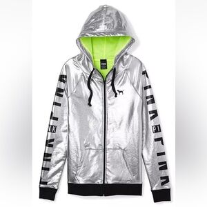 New Victoria’s Secret PINK Fashion Show Silver Metallic Jacket pink Hoodie Top